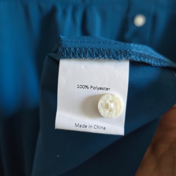 Allegra K. Blue Square Neck Long Sleeve Elastic Waist Button Blouse Shirt - Picture 6 of 7